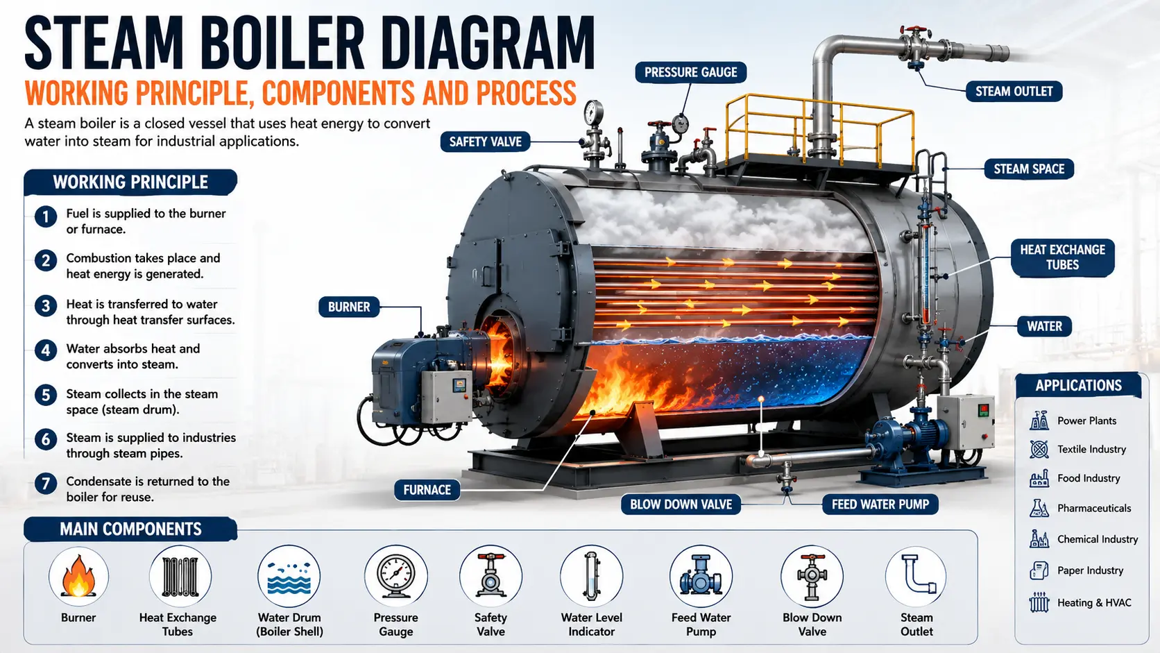 You are currently viewing Steam Boiler Diagram: Working Principle, Components and Parts Explained